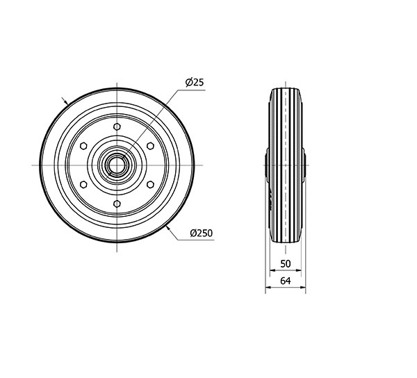 RUEDA CN250-25-65 NUCLEO METALICO Y BANDA GOMA NEGRA EJE LISO