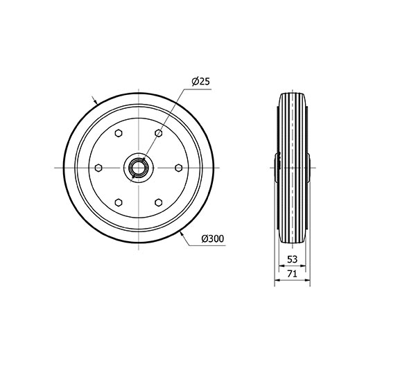 RUEDA CN300-25-72 NUCLEO METALICO Y BANDA GOMA NEGRA EJE LISO