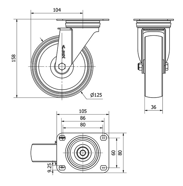 R.GIR.PLACA 10ZVL125-TNE NYLON BLANCO EJE LISO