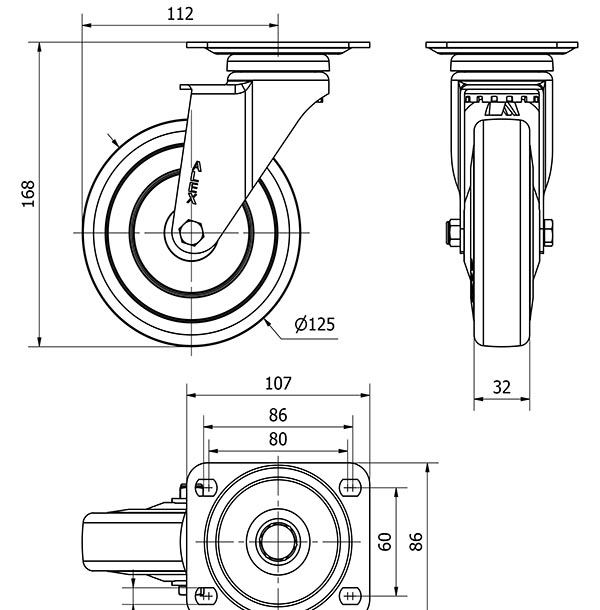 R.GIR.PLACA 10A125CP-PGAN POLIAMIX-GOMA GRIS EJE LISO