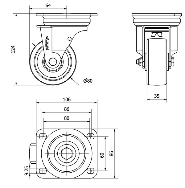 R.GIR.PLACA 10TV80-TNR NYLON BLANCO EJE RODILLOS
