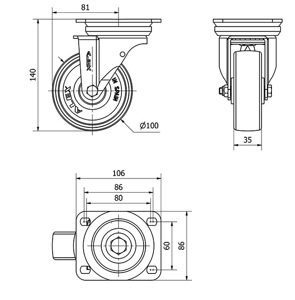 R.GIR.PLACA 10TV100-TNR NYLON BLANCO EJE RODILLOS