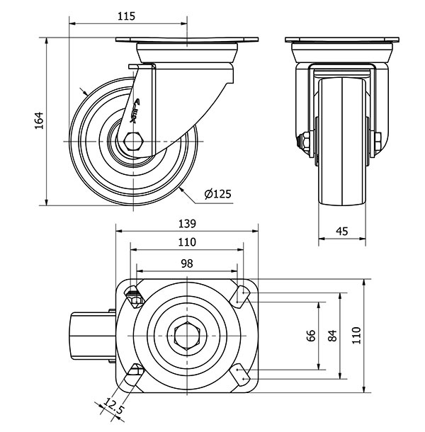 R.GIR.PLACA 10TV125-TNB NYLON BLANCO EJE BOLAS