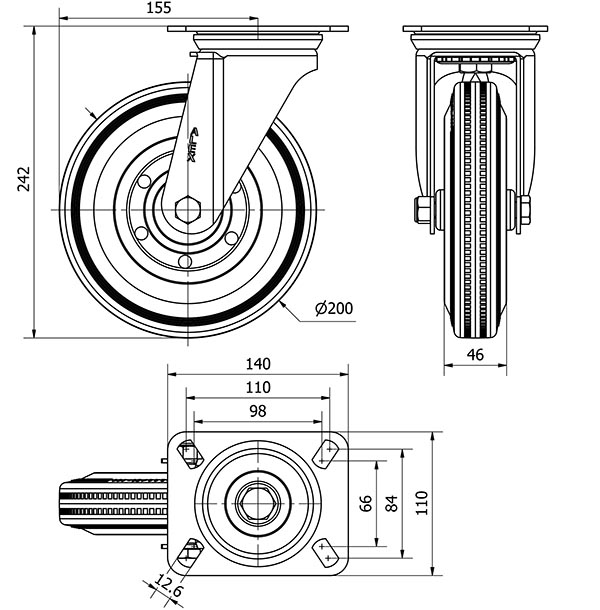 R.GIR.PLACA 10ZV200-BSR METALICO-GOMA NEGRA EJE RODILLOS