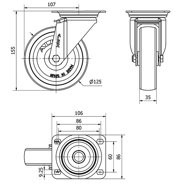 R.GIR.PLACA 10ZV125-UT POLIAMIX BLANCO EJE LISO