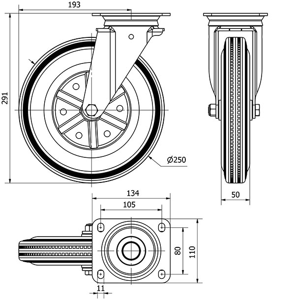 R.GIR.PLACA 10ZV250-BSR METALICO-GOMA NEGRA EJE RODILLOS