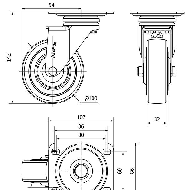 R.GIR.PLACA 10A100CP-PGAN POLIAMIX-GOMA GRIS EJE LISO
