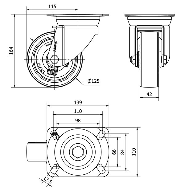 R.GIR.PLACA 10TV125-PO NYLON BLANCO-POLIUR.ROJO EJE LISO