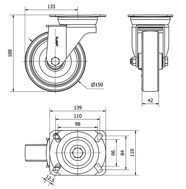 R.GIR.PLACA 10TV150-PO NYLON BLANCO-POLIUR.ROJO EJE LISO