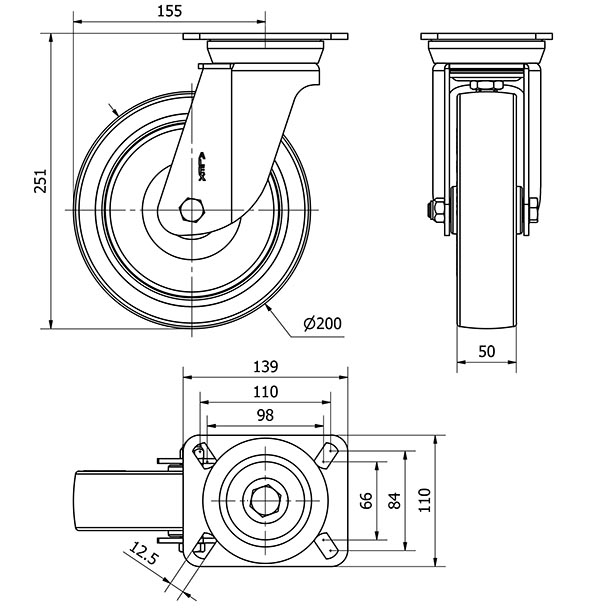R.GIR.PLACA 10TV200-PO NYLON BLANCO-POLIUR.ROJO EJE LISO