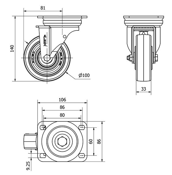R.GIR.PLACA 10TV100-POB NYLON BLANCO-POLIUR.ROJO EJE BOLAS