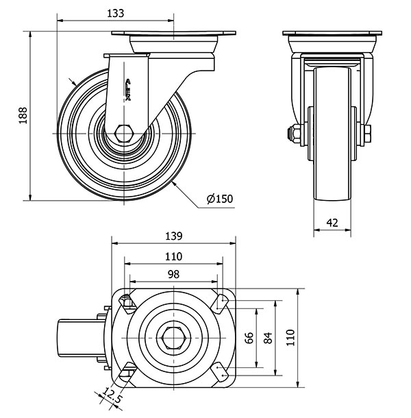 R.GIR.PLACA 10TV150-POB NYLON BLANCO-POLIUR.ROJO EJE BOLAS