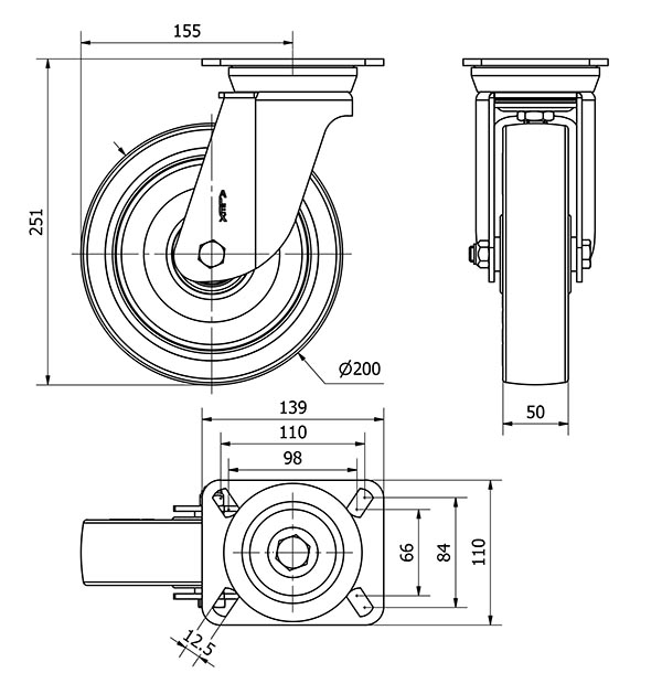 R.GIR.PLACA 10TV200-POB NYLON BLANCO-POLIUR.ROJO EJE BOLAS