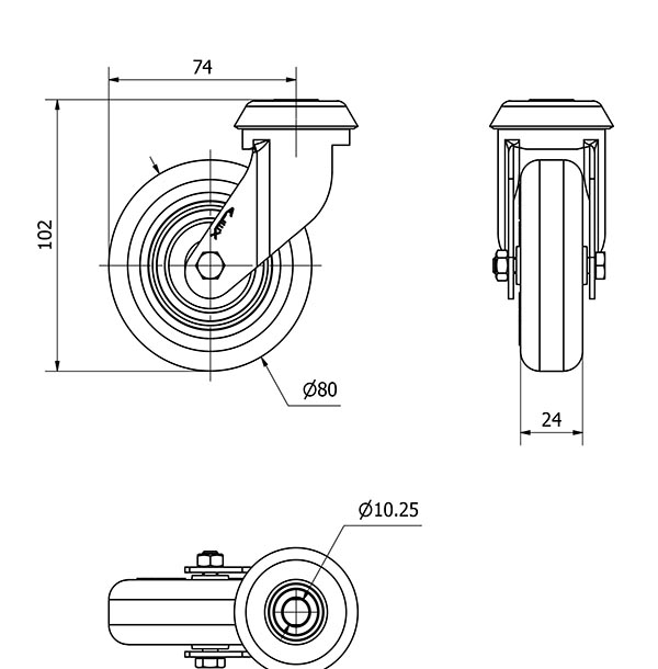 R.GIR.AGUJERO M10 20MR80CP-PGI POLIAMIX-GOMA GRIS EJE LISO