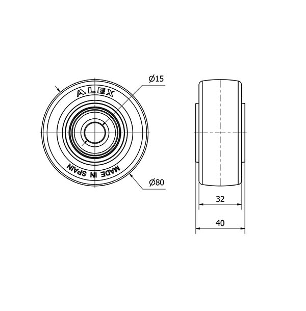 RUEDA POBI80-15-40 NUCLEO NY.BLANCO, BANDA POL.ROJO(COJ.BOLAS INOX)