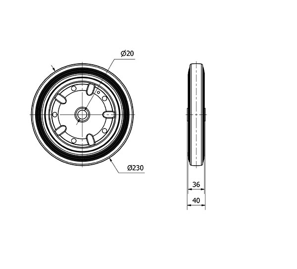 RUEDA J230-20-41 NUCLEO METALICO Y BANDA GOMA NEGRA EJE LISO