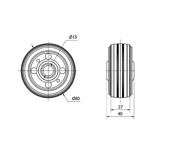 RUEDA BSR80-15-40 NUCLEO METALICO Y BANDA GOMA NEGRA EJE RODILLOS