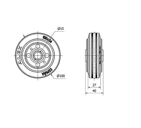 RUEDA BSR100-15-40 NUCLEO METALICO Y BANDA GOMA NEGRA EJE RODILLOS
