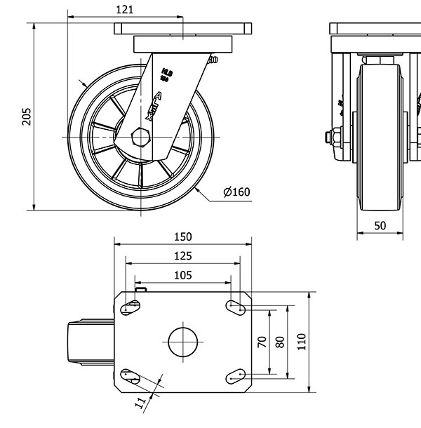 R.GIR.PLACA 10HLB160-DEB ALUMINIO-GOMA NEGRA ELASTICA EJE BOLAS