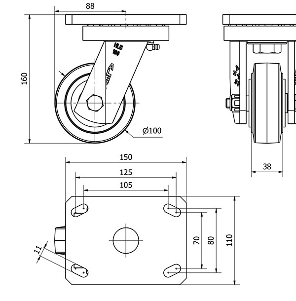 R.GIR.PLACA 10HLB100-HGB HIERRO-GOMA NEGRA NATURAL EJE BOLAS
