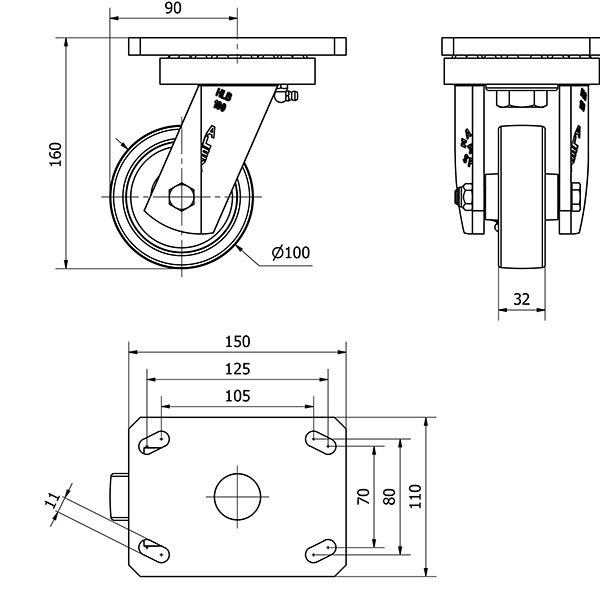 R.GIR.PLACA 10HLB100-FT NYLON BLANCO EXTRAFUERTE EJE LISO