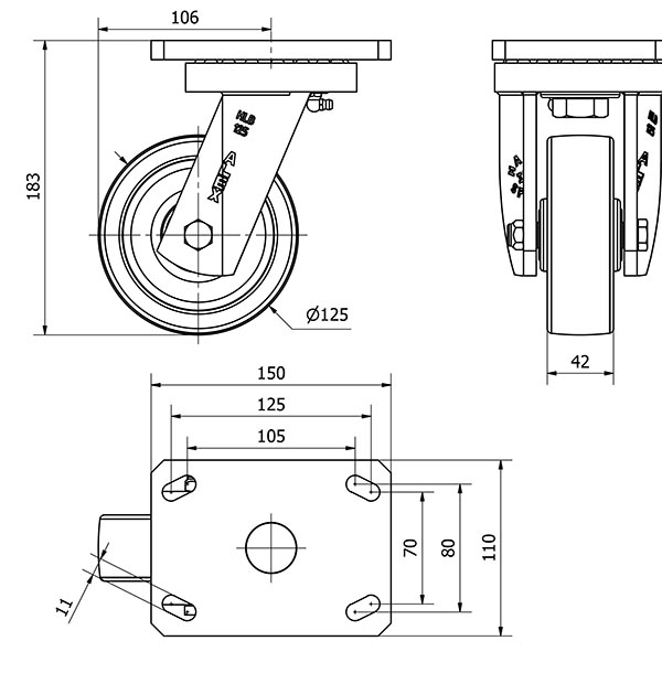 R.GIR.PLACA 10HLB125-FT NYLON BLANCO EXTRAFUERTE EJE LISO