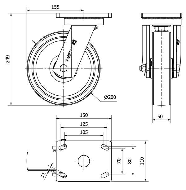 R.GIR.PLACA 10HLB200-FT NYLON BLANCO EXTRAFUERTE EJE LISO
