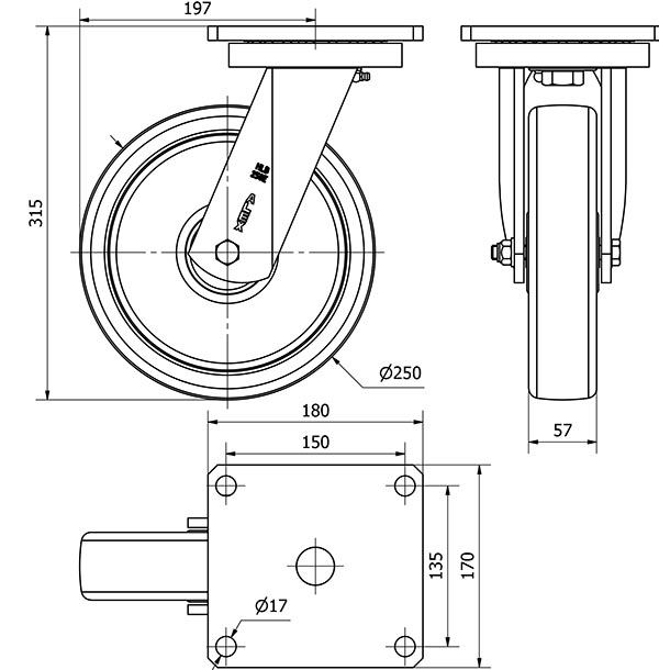 R.GIR.PLACA 10HLB250H-FT NYLON BLANCO EXTRAFUERTE EJE LISO