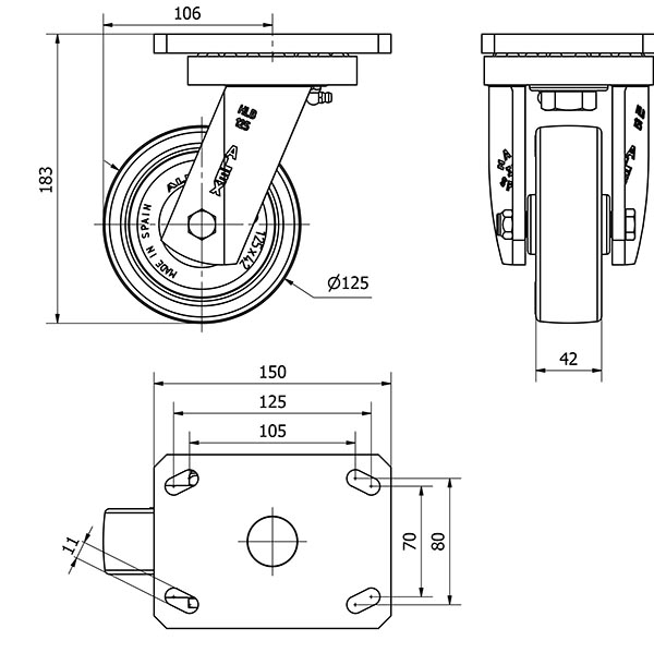 R.GIR.PLACA 10HLB125-PO NYLON BLANCO-POLIUR.ROJO EJE LISO