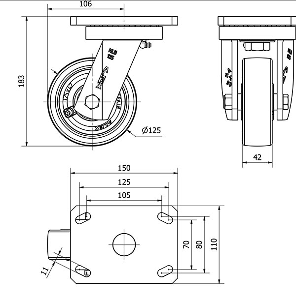 R.GIR.PLACA 10HLB125-POB NYLON BLANCO-POLIUR.ROJO EJE BOLAS