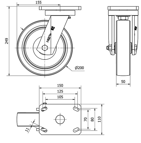 R.GIR.PLACA 10HLB200-PO NYLON BLANCO-POLIUR.ROJO EJE LISO