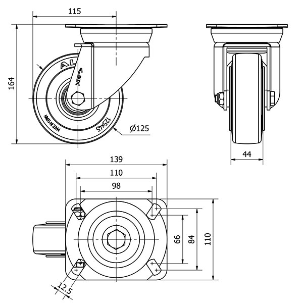 R.GIR.PLACA 10TV125-TPGB NYLON NEGRO-GOMA NEGRA EJE BOLAS
