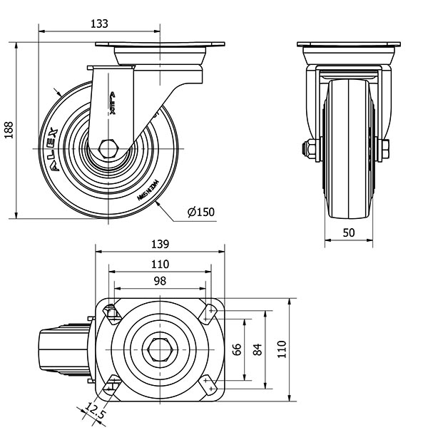 R.GIR.PLACA 10TV150-TPGB NYLON NEGRO-GOMA NEGRA EJE BOLAS