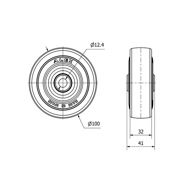 RUEDA PGAN100-12-40 NUCLEO POLIAMIX Y BANDA GOMA GRIS EJE LISO