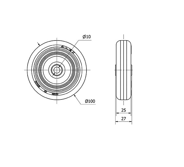 RUEDA PLGI100-10-27 NUCLEO POLIAMIX Y BANDA GOMA GRIS EJE LISO