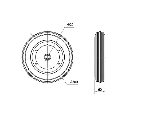 RUEDA CAN300-20-60 NUCLEO METALICO Y BANDA GOMA NEGRA EJE LISO