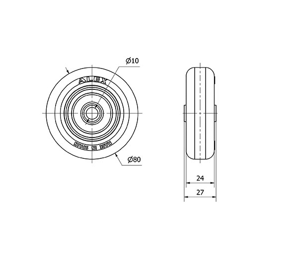RUEDA PGI80-10-27 NUCLEO POLIAMIX Y BANDA GOMA GRIS EJE LISO
