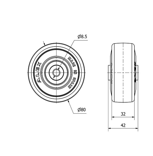 RUEDA PGASB80-8-40 NUCLEO POLIAMIX Y BANDA GOMA GRIS EJE BOLAS