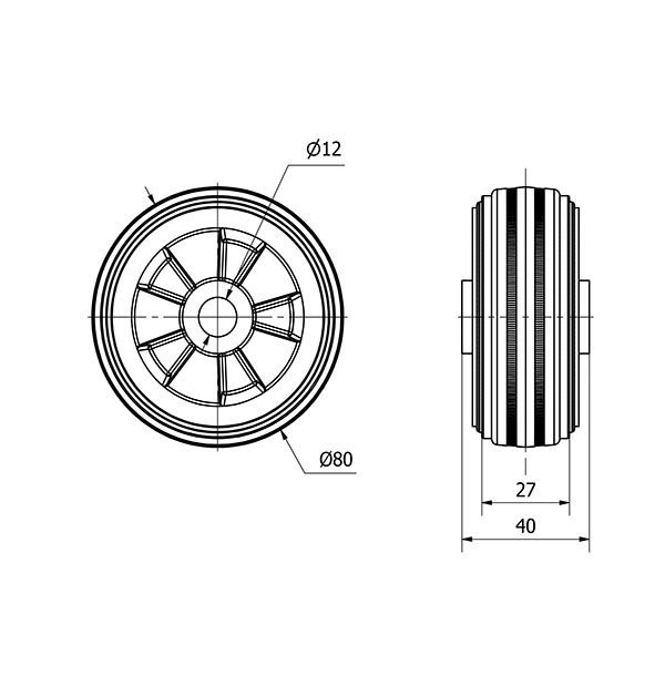 RUEDA PSN80-12-40 NUCLEO POLIAMIX Y BANDA GOMA NEGRA EJE LISO