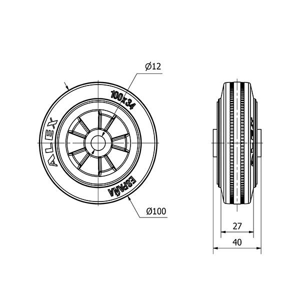 RUEDA PSN100-12-40 NUCLEO POLIAMIX Y BANDA GOMA NEGRA EJE LISO