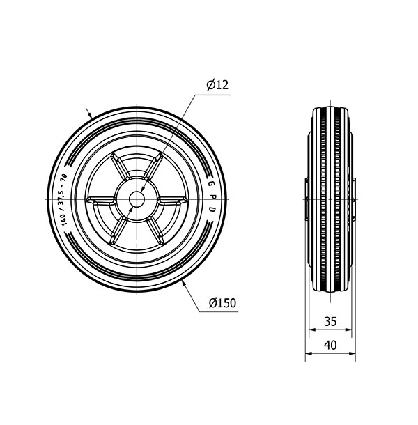 RUEDA PSN150-12-41 NUCLEO POLIAMIX Y BANDA GOMA NEGRA EJE LISO