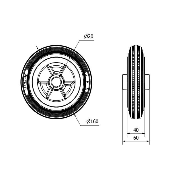 RUEDA PSN160-20-58 NUCLEO POLIAMIX Y BANDA GOMA NEGRA EJE LISO