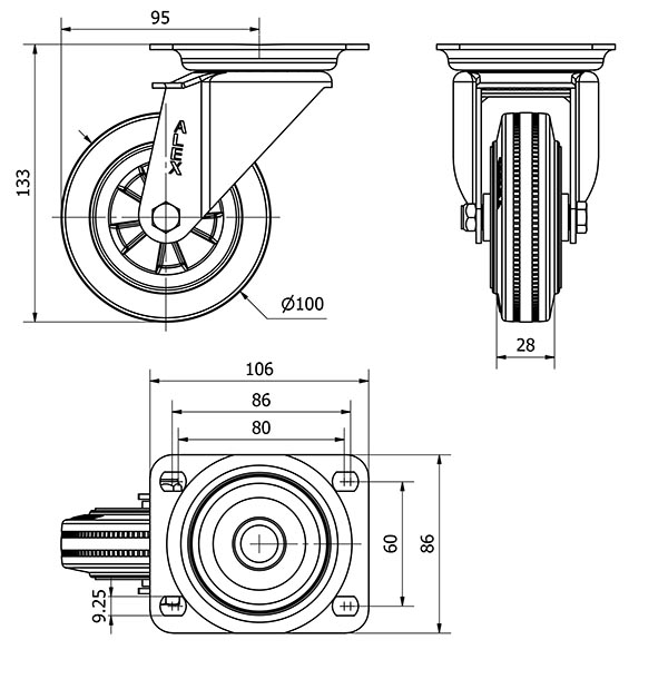 R.GIR.PLACA 10ZV100-PSN POLIAMIX-GOMA NEGRA EJE LISO