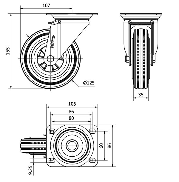 R.GIR.PLACA 10ZV125-PSN POLIAMIX-GOMA NEGRA EJE LISO