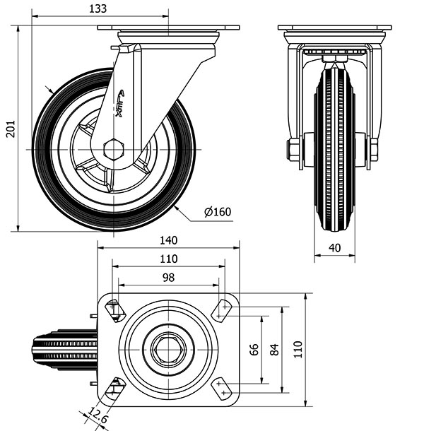R.GIR.PLACA 10ZV160-PSN POLIAMIX-GOMA NEGRA EJE LISO