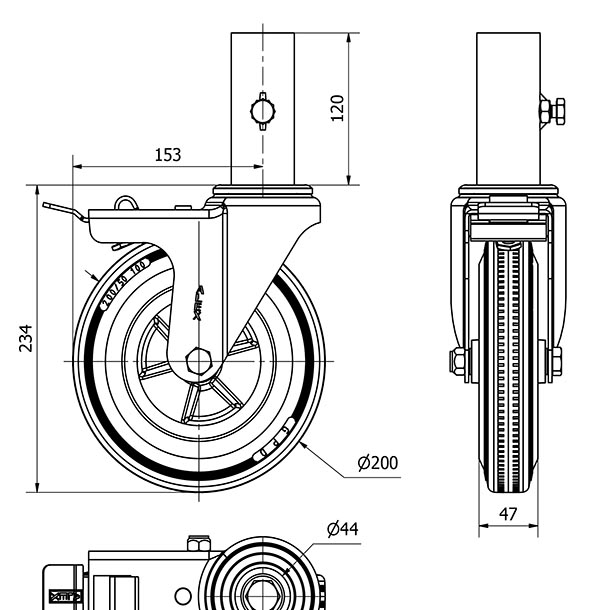R.GIR.ANDAMIO FRENO 12ZVAFD200-PSN POLIAMIX-GOMA NEGRA EJE LISO