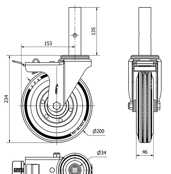 R.GIR.ANDAMIO FRENO 30ZVAFD200-BSR METALICO-GOMA NEGRA EJE RODILLOS