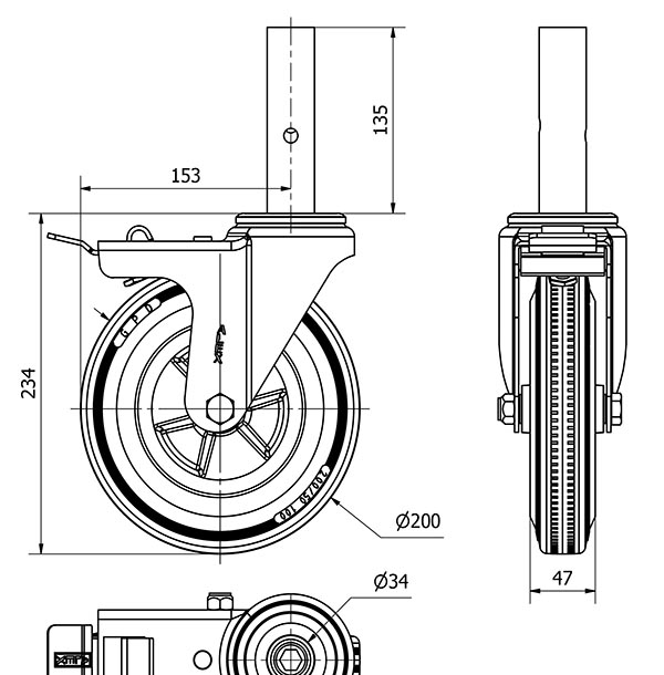 R.GIR.ANDAMIO FRENO 30ZVAFD200-PSN POLIAMIX-GOMA NEGRA EJE LISO