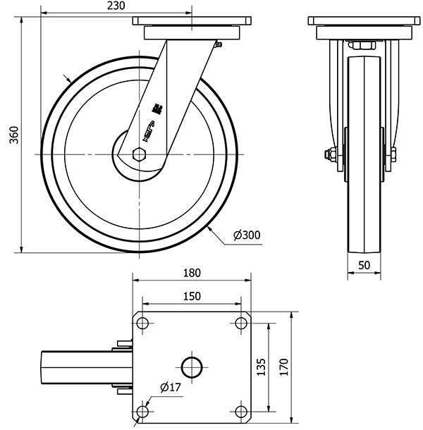 R.GIR.PLACA 10HLB300H-HGB HIERRO-GOMA NEGRA NATURAL EJE BOLAS