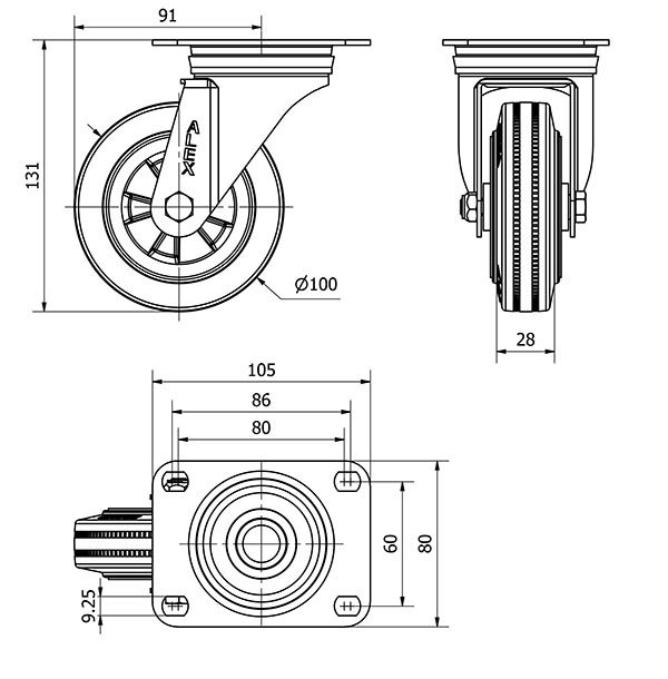 R.GIR.PLACA 10ZVL100-PSN POLIAMIX-GOMA NEGRA EJE LISO